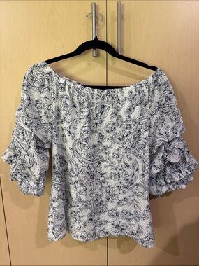 CeCe  charming White and Navy Paisley Off-Shoulder Ruffle Sleeve Top